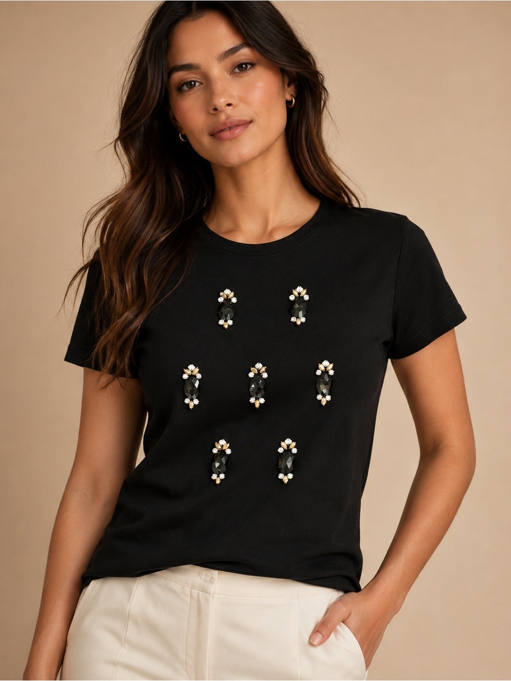 Black Short-Sleeve Tee with Jewel Embellishments